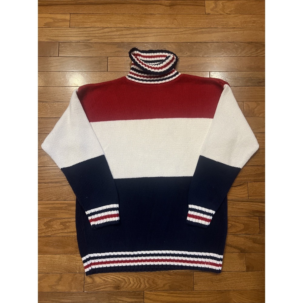 Vintage Liz Claiborne Turtleneck Sweater Red White Navy Colorblock USA Petite M